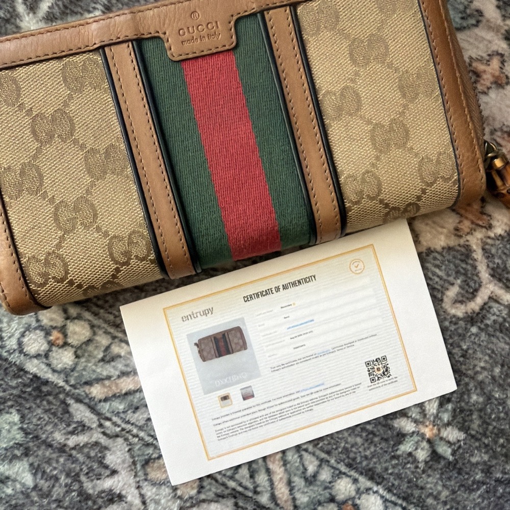 Gucci GG Supreme Monogram Web Ophidia Zip Around Wallet Brown Authentic bamboo - Picture 11 of 16